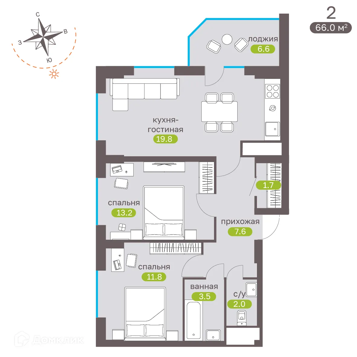 Планировка 2-комнатной квартиры 66 м² в ЖК Притяжение, г. Ставрополь — фото 4