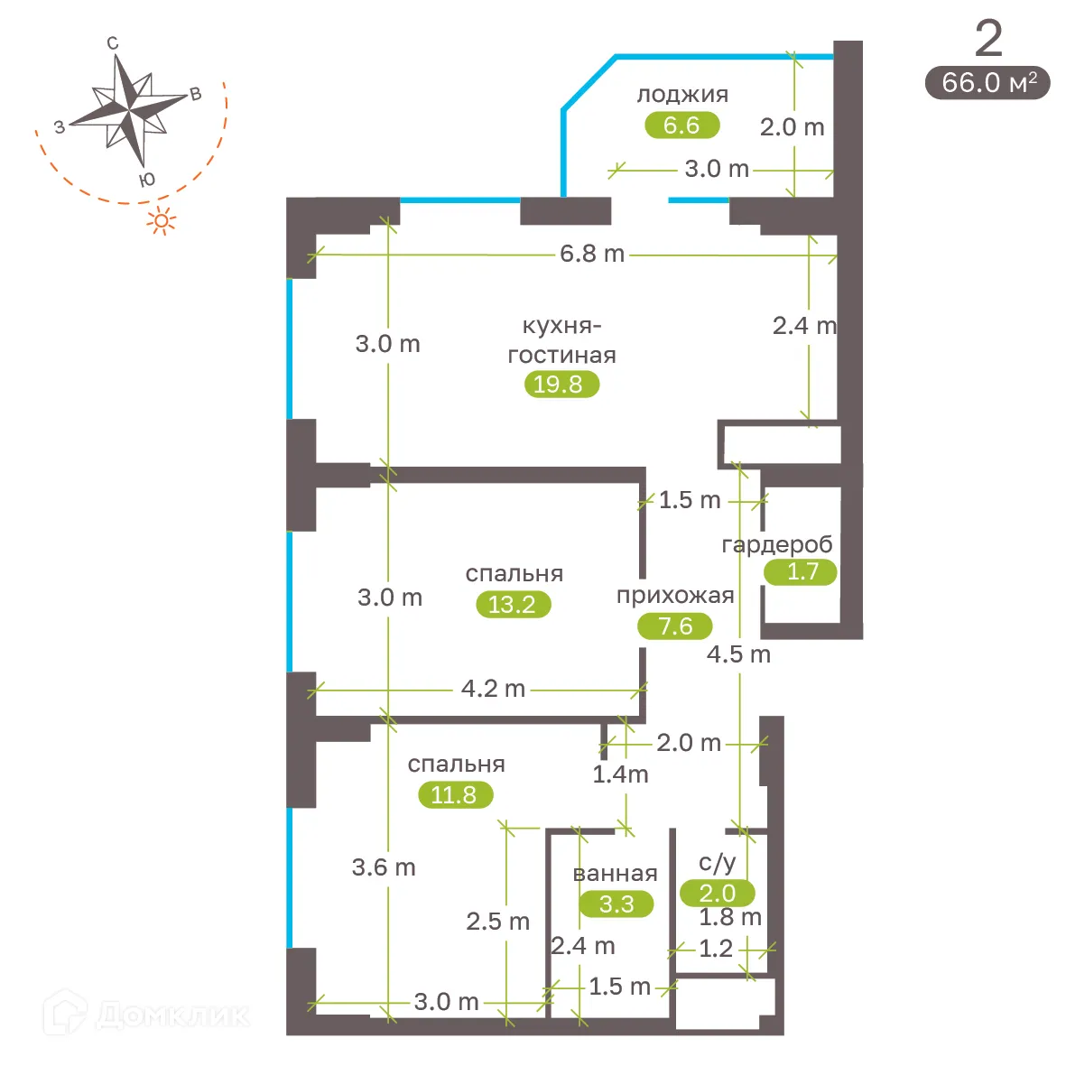 Планировка 2-комнатной квартиры 66 м² в ЖК Притяжение, г. Ставрополь — фото 5