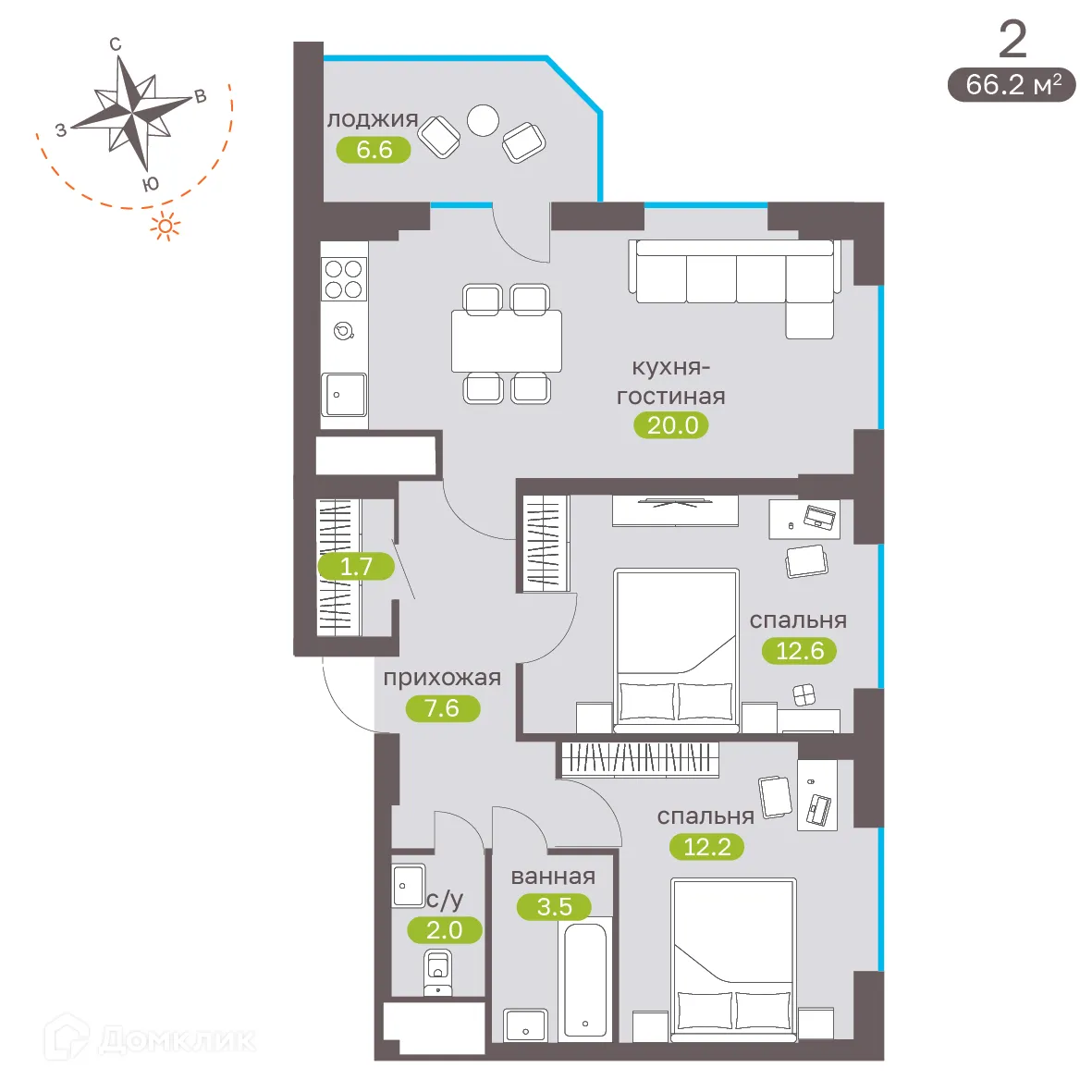Планировка 2-комнатной квартиры 66.2 м² в ЖК Притяжение, г. Ставрополь — фото 4
