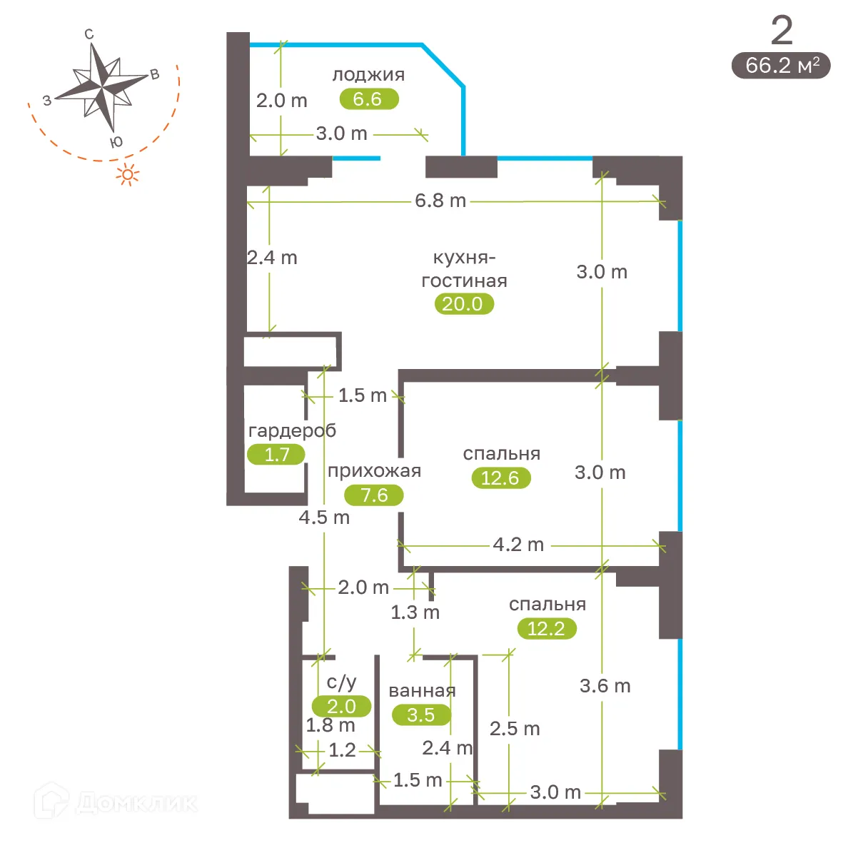 Планировка 2-комнатной квартиры 66.2 м² в ЖК Притяжение, г. Ставрополь — фото 5