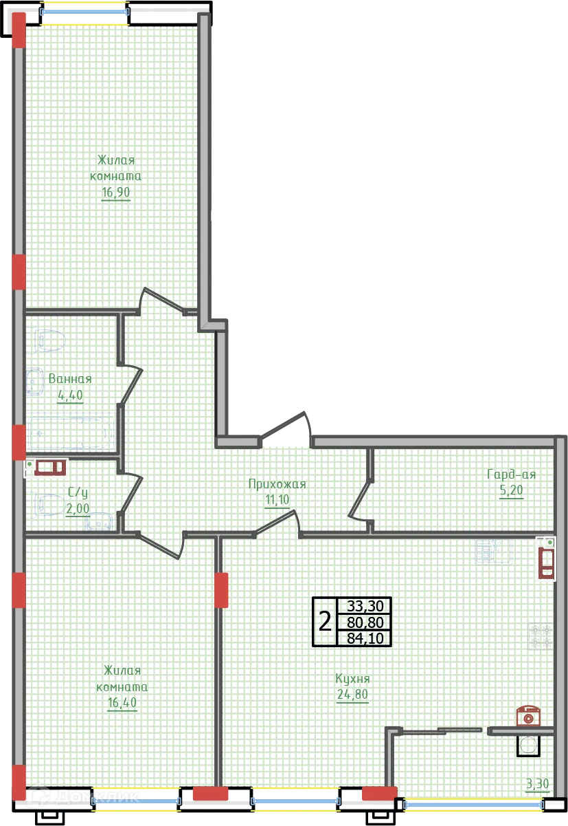 Планировка 2-комнатной квартиры 84.1 м² в ЖК "Суворов", г. Ставрополь — фото 2