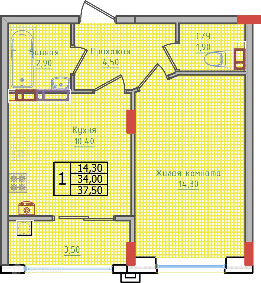 Планировка 1-комнатной квартиры 37.5 м² в ЖК "Суворов", г. Ставрополь — фото 2