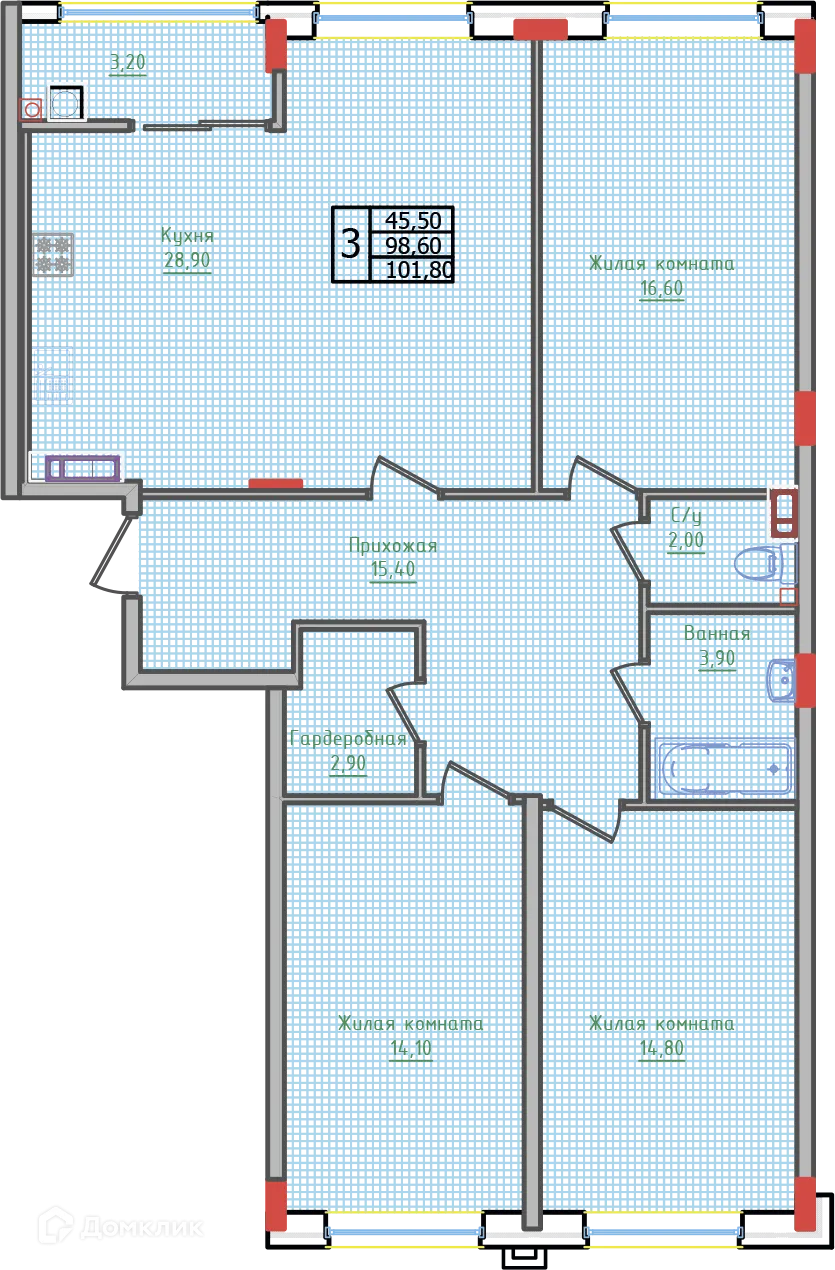 Планировка 3-комнатной квартиры 101.7 м² в ЖК "Суворов", г. Ставрополь — фото 1