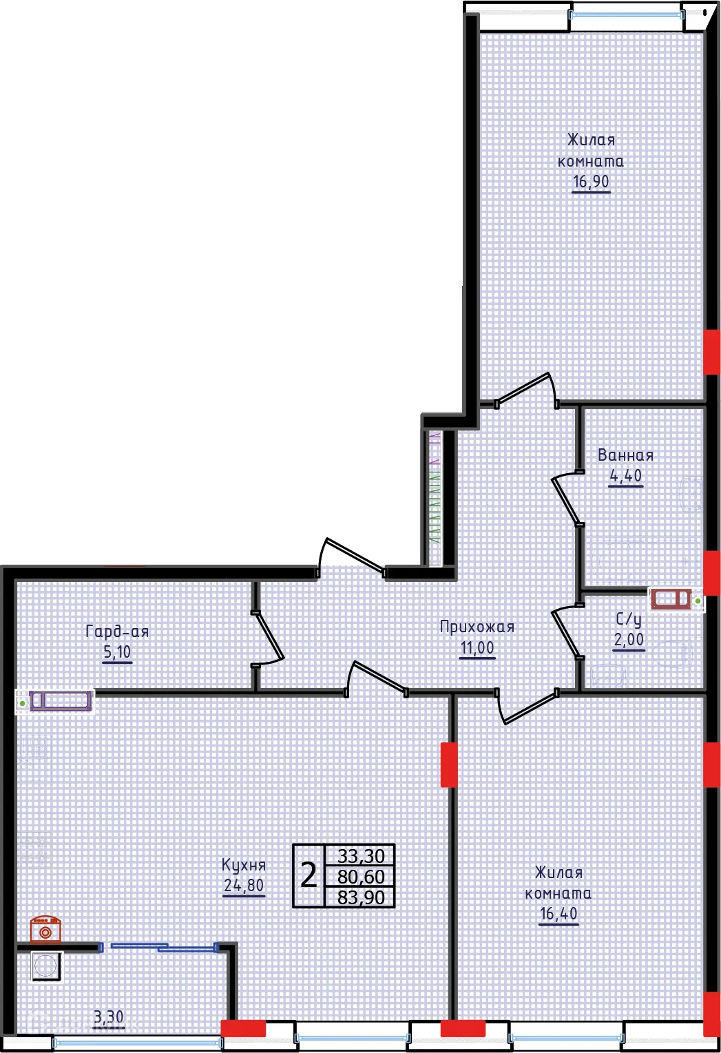 Планировка 2-комнатной квартиры 83.9 м² в ЖК "Суворов", г. Ставрополь — фото 1