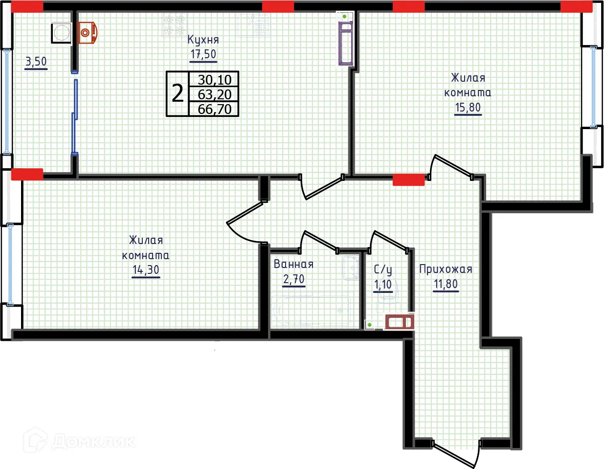 Планировка 2-комнатной квартиры 66.7 м² в ЖК "Суворов", г. Ставрополь — фото 1