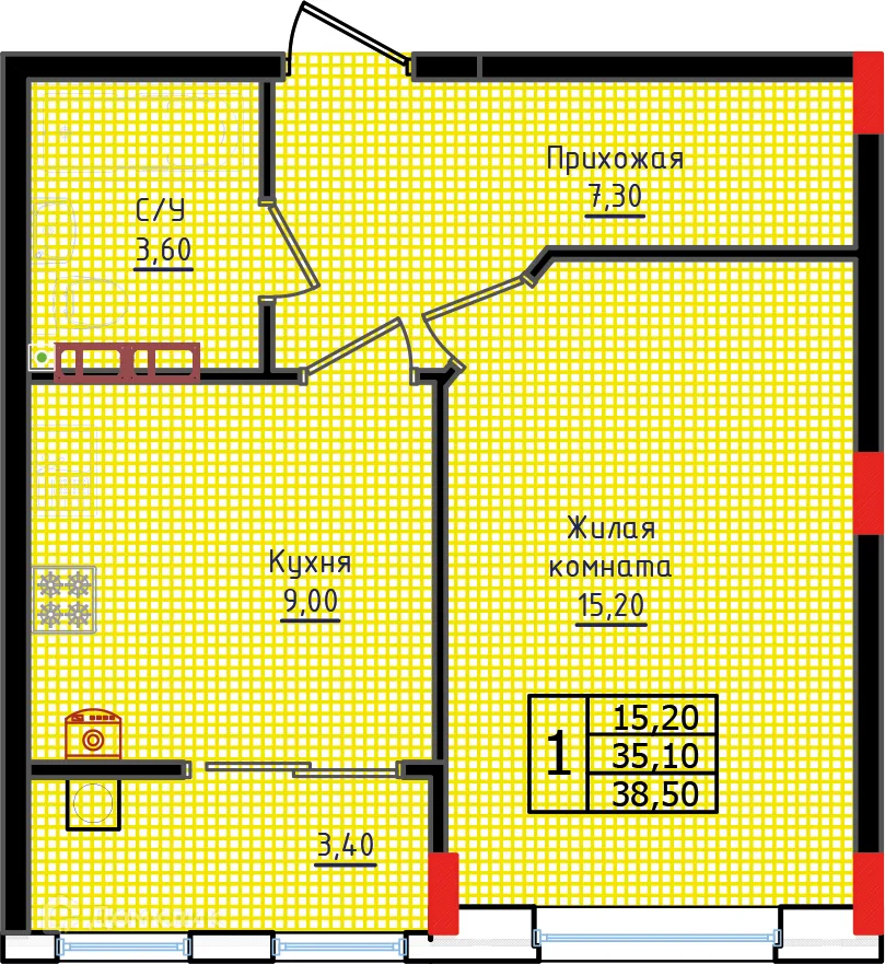 Планировка 1-комнатной квартиры 38.5 м² в ЖК "Суворов", г. Ставрополь — фото 2