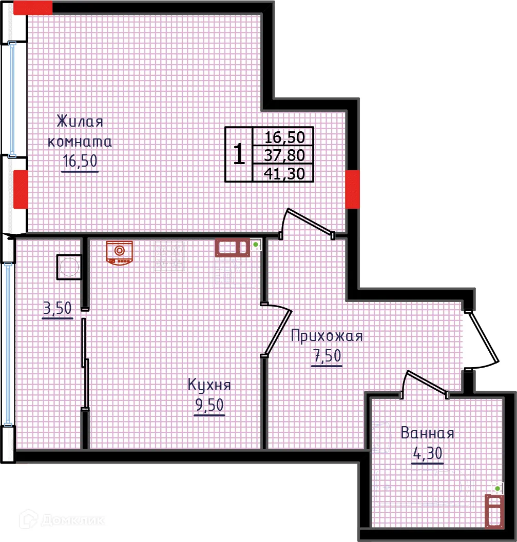 Планировка 1-комнатной квартиры 41 м² в ЖК "Суворов", г. Ставрополь — фото 2