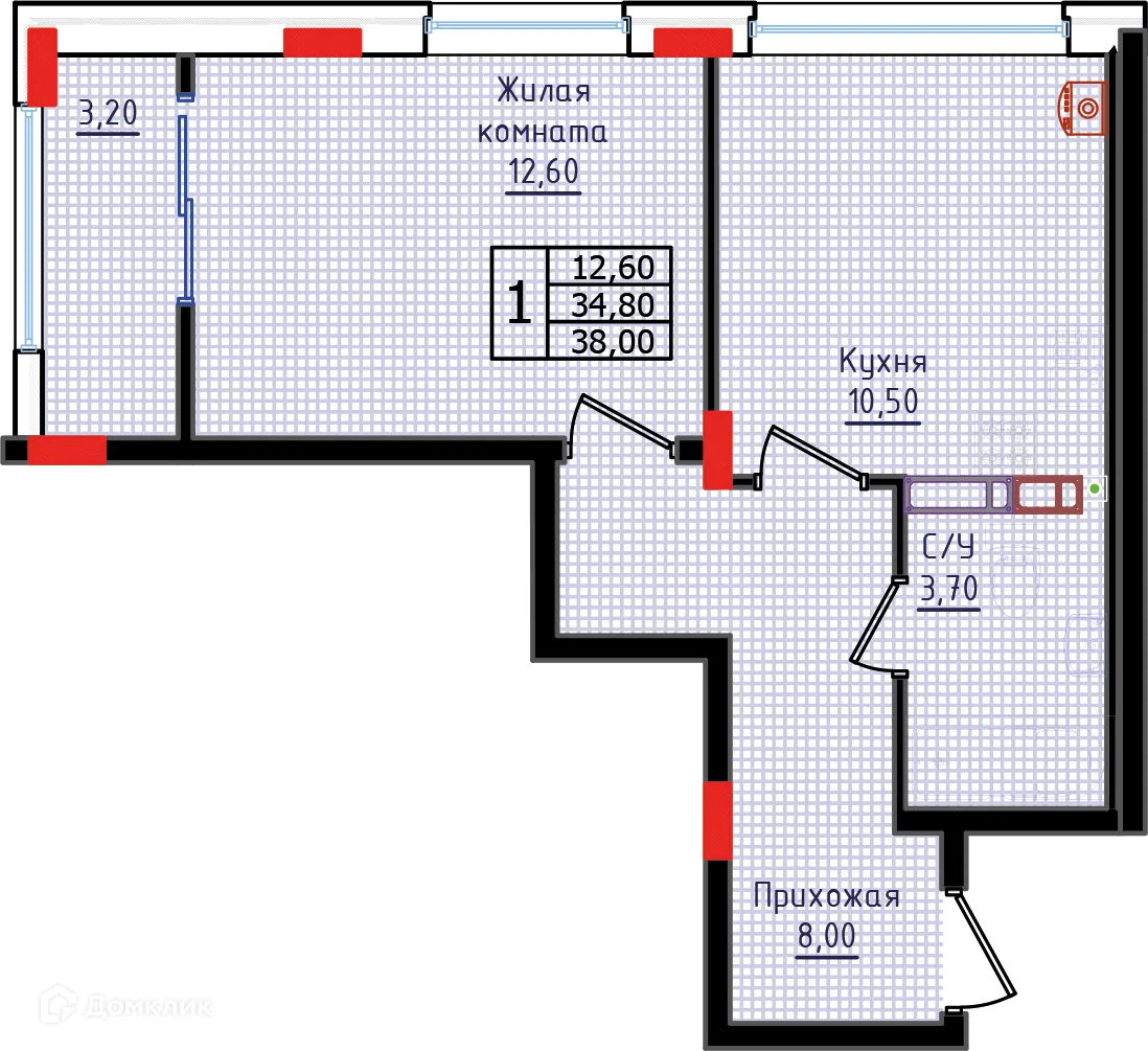 Планировка 1-комнатной квартиры 38 м² в ЖК "Суворов", г. Ставрополь — фото 1