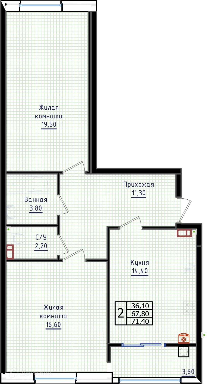 Планировка 2-комнатной квартиры 71.4 м² в ЖК "Суворов", г. Ставрополь — фото 2