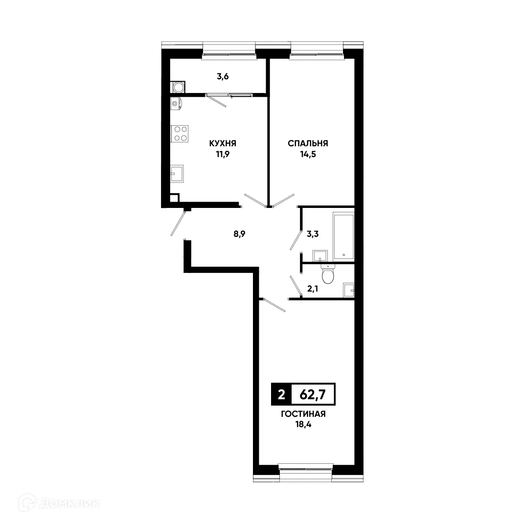 Планировка 2-комнатной квартиры 62.7 м² в ЖК Основа, г. Ставрополь — фото 1