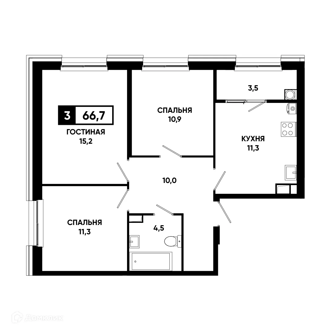 Планировка 3-комнатной квартиры 66.7 м² в ЖК Основа, г. Ставрополь — фото 2
