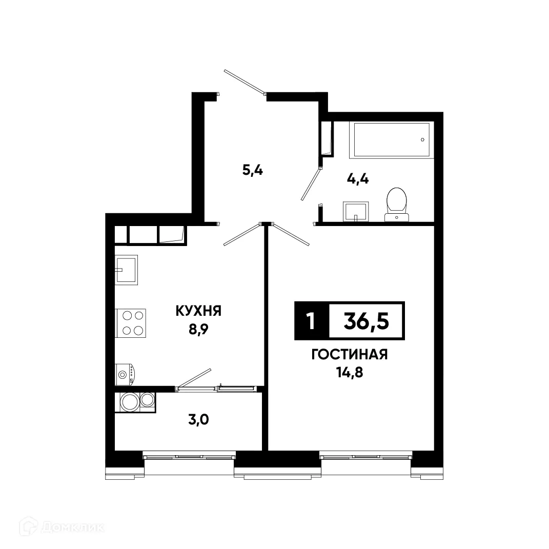 Планировка 1-комнатной квартиры 36.5 м² в ЖК Основа, г. Ставрополь — фото 1