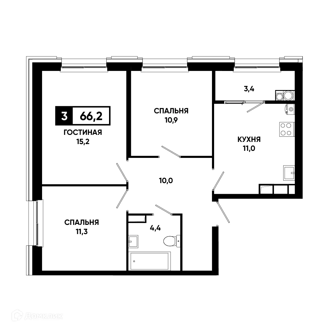 Планировка 3-комнатной квартиры 66.2 м² в ЖК Основа, г. Ставрополь — фото 1