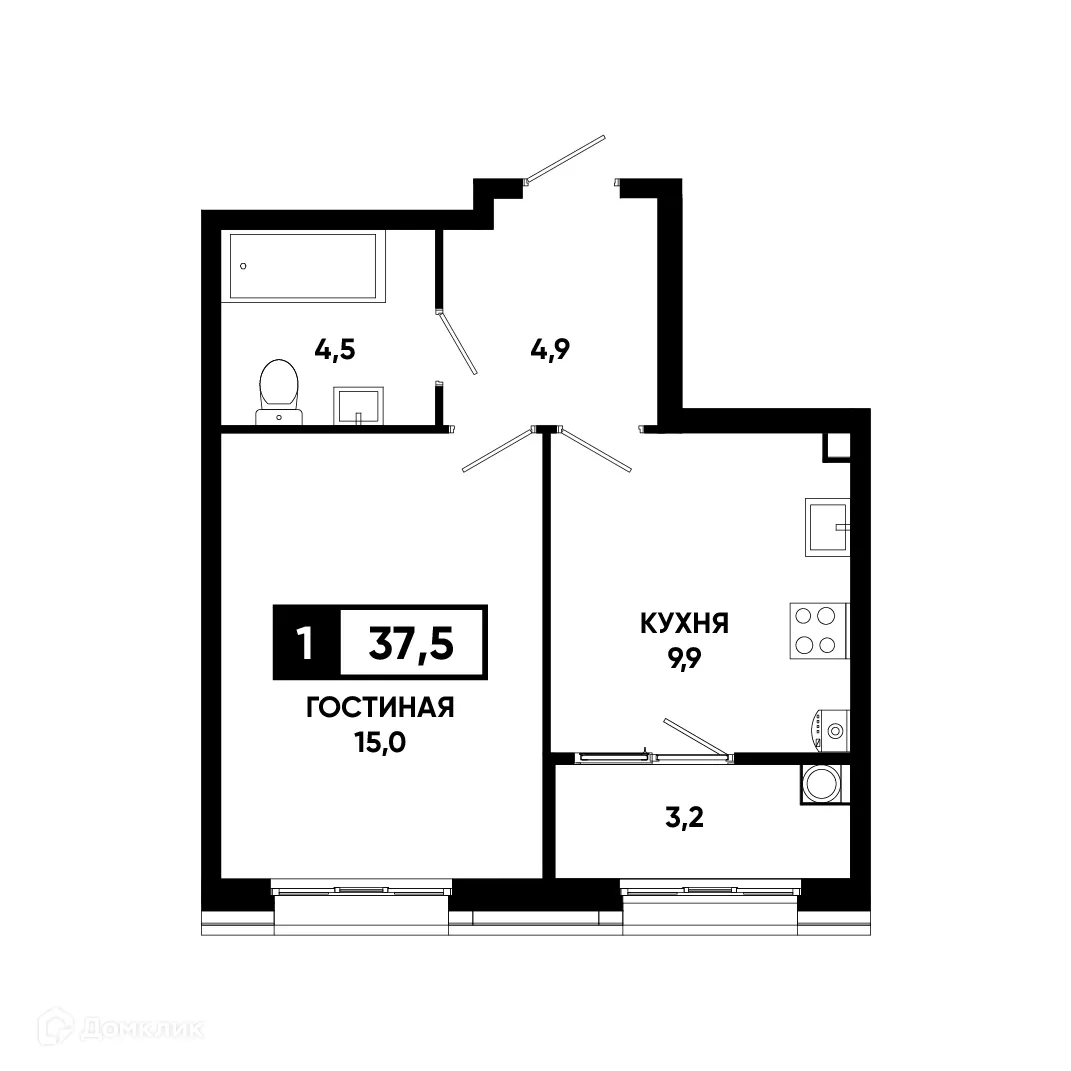 Планировка 1-комнатной квартиры 37.5 м² в ЖК Основа, г. Ставрополь — фото 2
