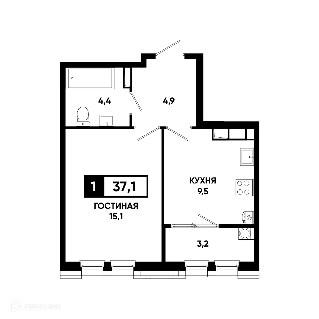 Планировка 1-комнатной квартиры 37.1 м² в ЖК Основа, г. Ставрополь — фото 1