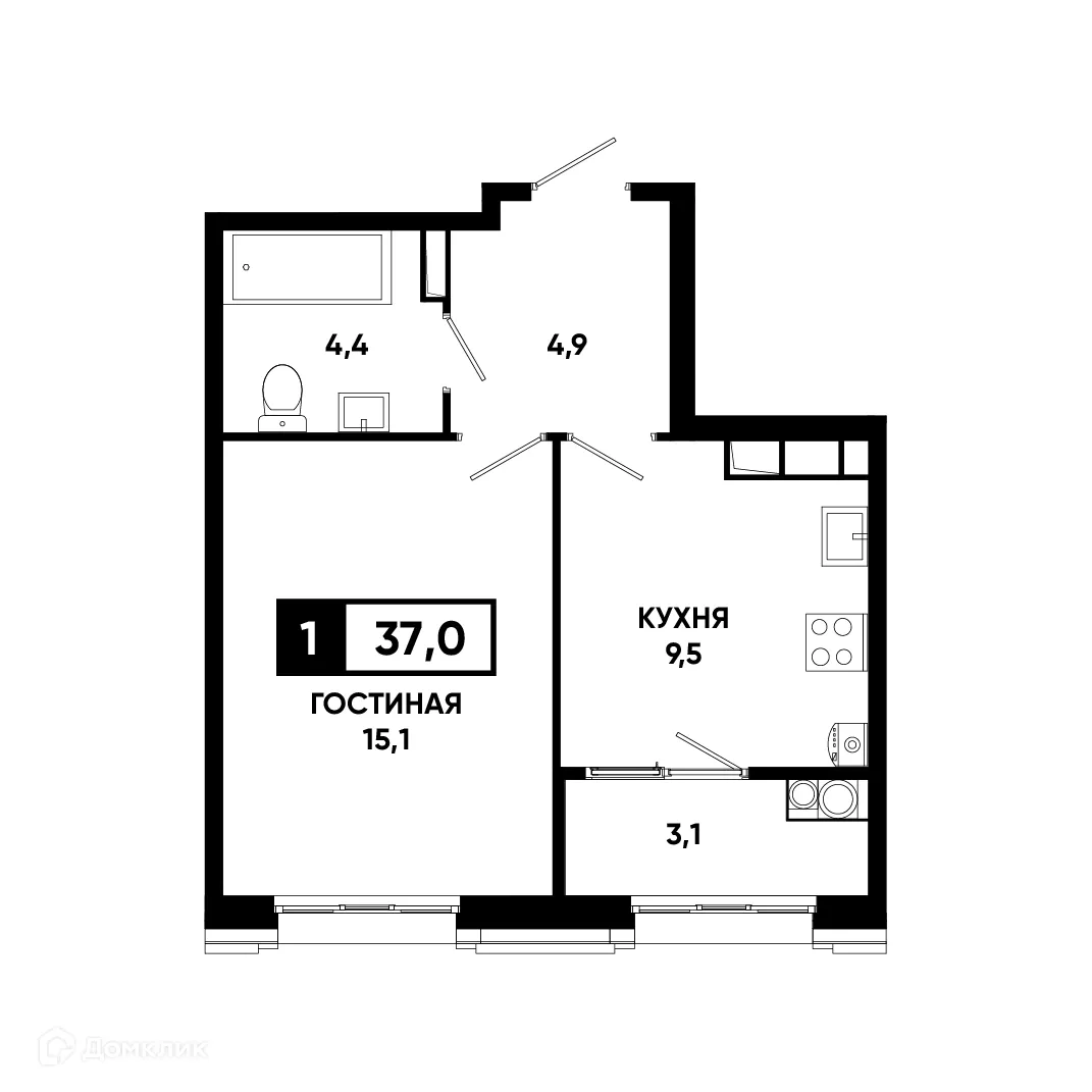 Планировка 1-комнатной квартиры 37 м² в ЖК Основа, г. Ставрополь — фото 2