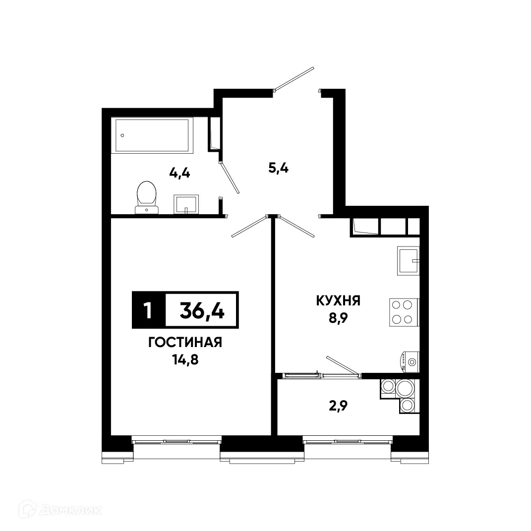 Планировка 1-комнатной квартиры 36.4 м² в ЖК Основа, г. Ставрополь — фото 1