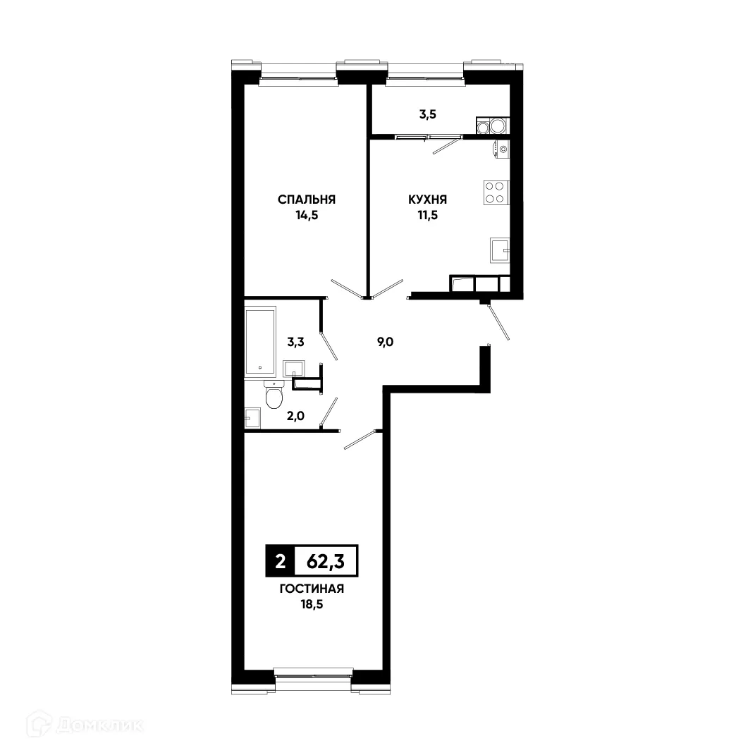 Планировка 2-комнатной квартиры 62.3 м² в ЖК Основа, г. Ставрополь — фото 1