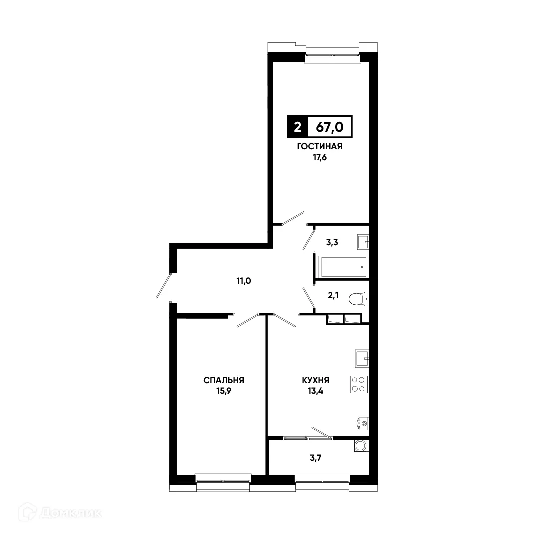 Планировка 2-комнатной квартиры 67 м² в ЖК Основа, г. Ставрополь — фото 2