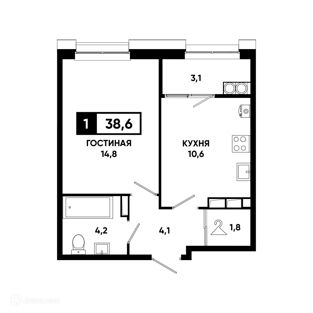 Планировка 1-комнатной квартиры 38.6 м² в ЖК Основа, г. Ставрополь — фото 1