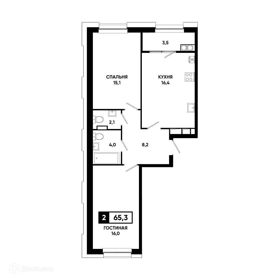 Планировка 2-комнатной квартиры 65.3 м² в ЖК Основа, г. Ставрополь — фото 2