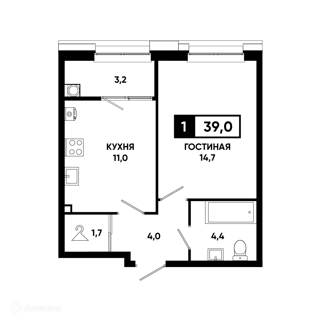 Планировка 1-комнатной квартиры 39 м² в ЖК Основа, г. Ставрополь — фото 1