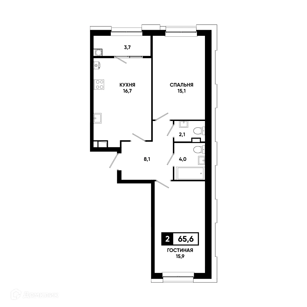 Планировка 2-комнатной квартиры 65.6 м² в ЖК Основа, г. Ставрополь — фото 1