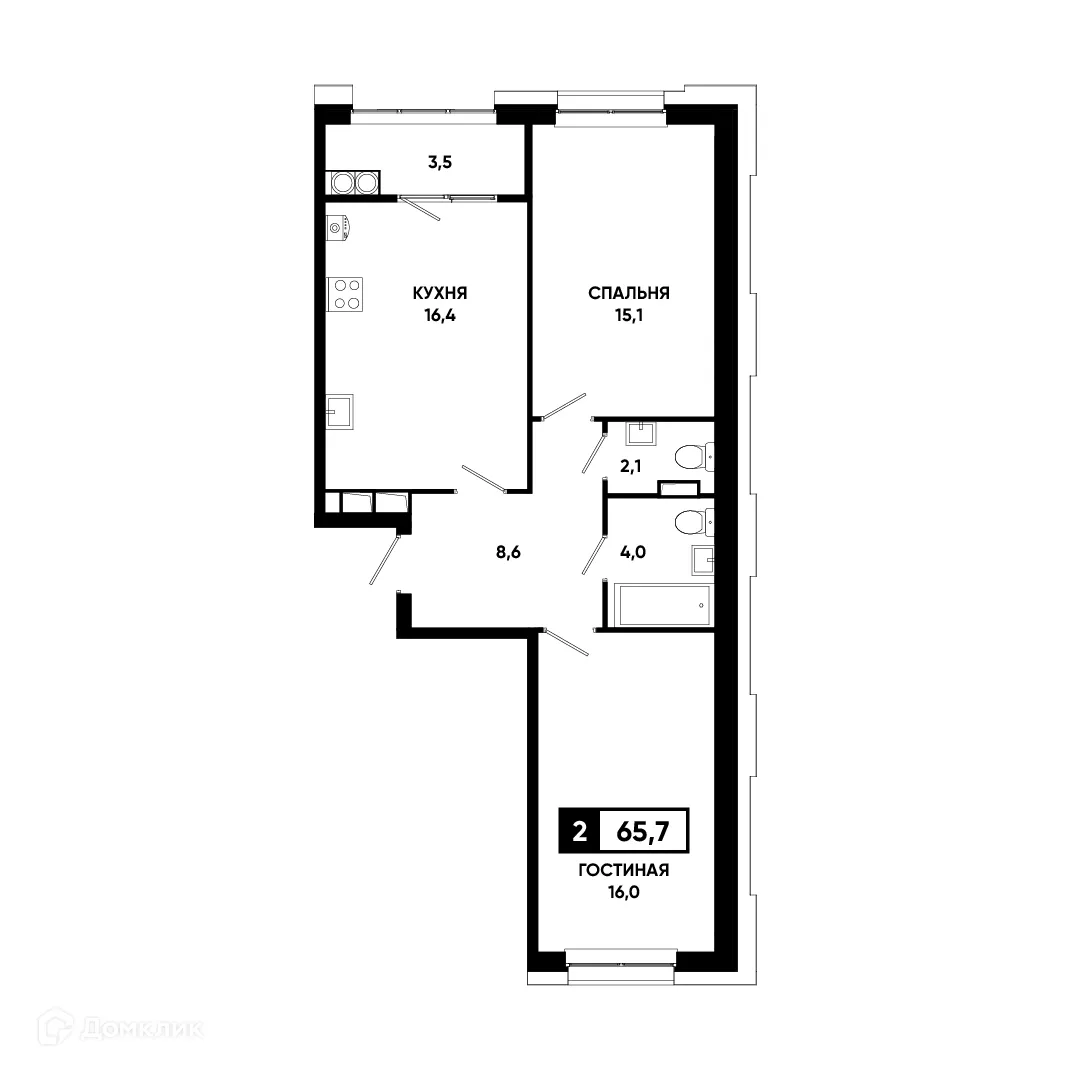 Планировка 2-комнатной квартиры 65.7 м² в ЖК Основа, г. Ставрополь — фото 2