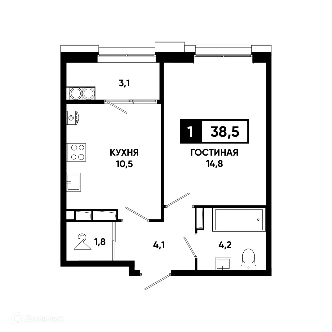 Планировка 1-комнатной квартиры 38.5 м² в ЖК Основа, г. Ставрополь — фото 2