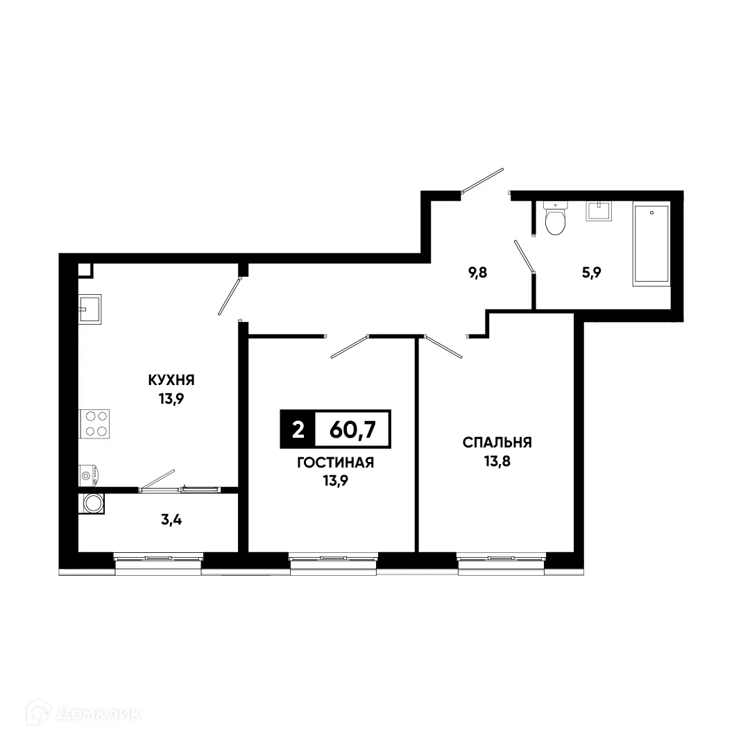 Планировка 2-комнатной квартиры 60.7 м² в ЖК Основа, г. Ставрополь — фото 2
