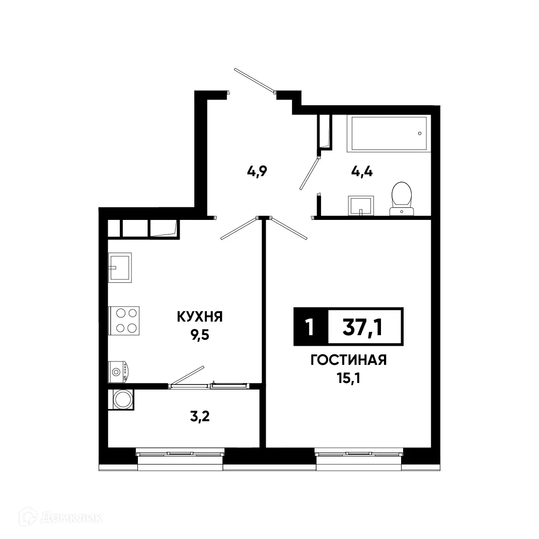 Планировка 1-комнатной квартиры 37.1 м² в ЖК Основа, г. Ставрополь — фото 1