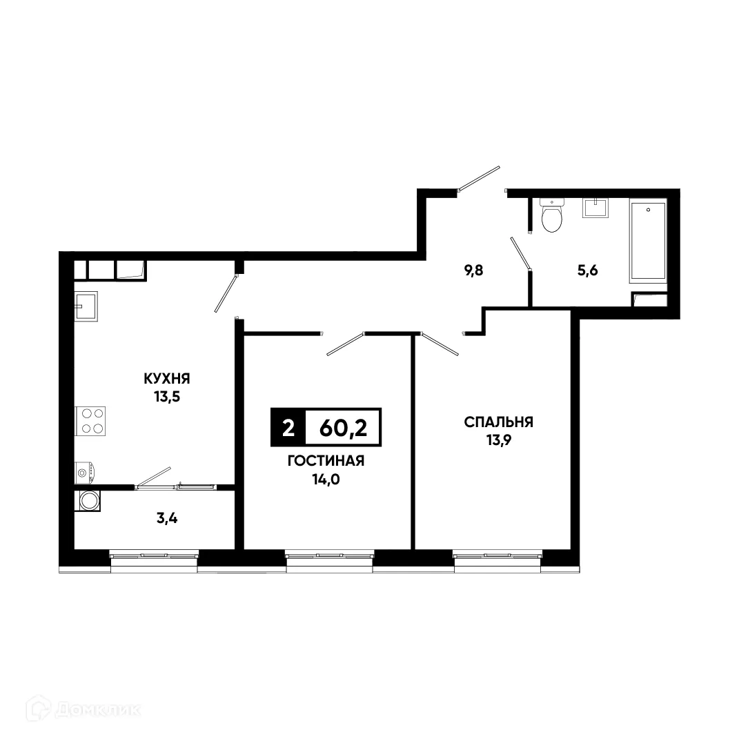 Планировка 2-комнатной квартиры 60.2 м² в ЖК Основа, г. Ставрополь — фото 2