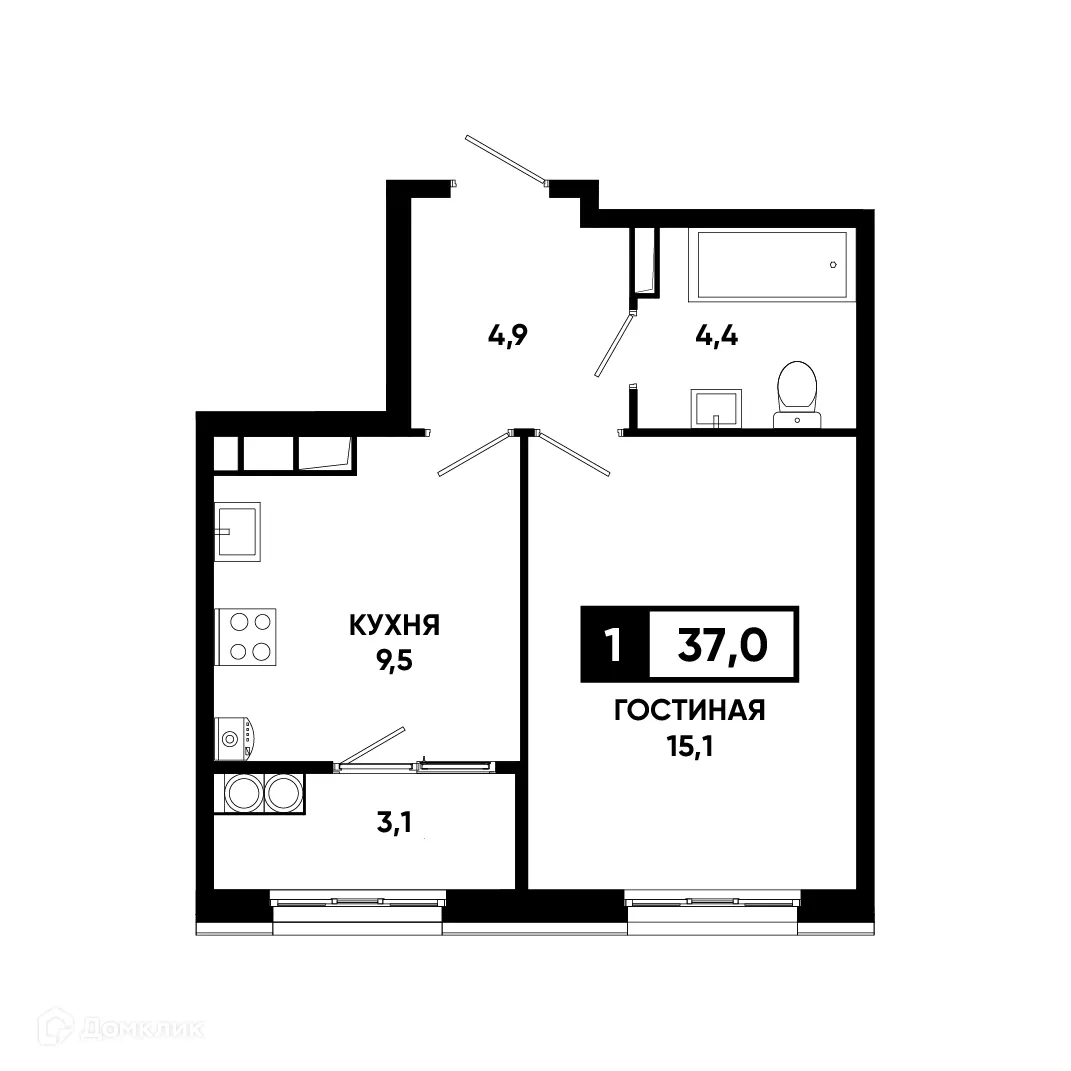 Планировка 1-комнатной квартиры 37 м² в ЖК Основа, г. Ставрополь — фото 1