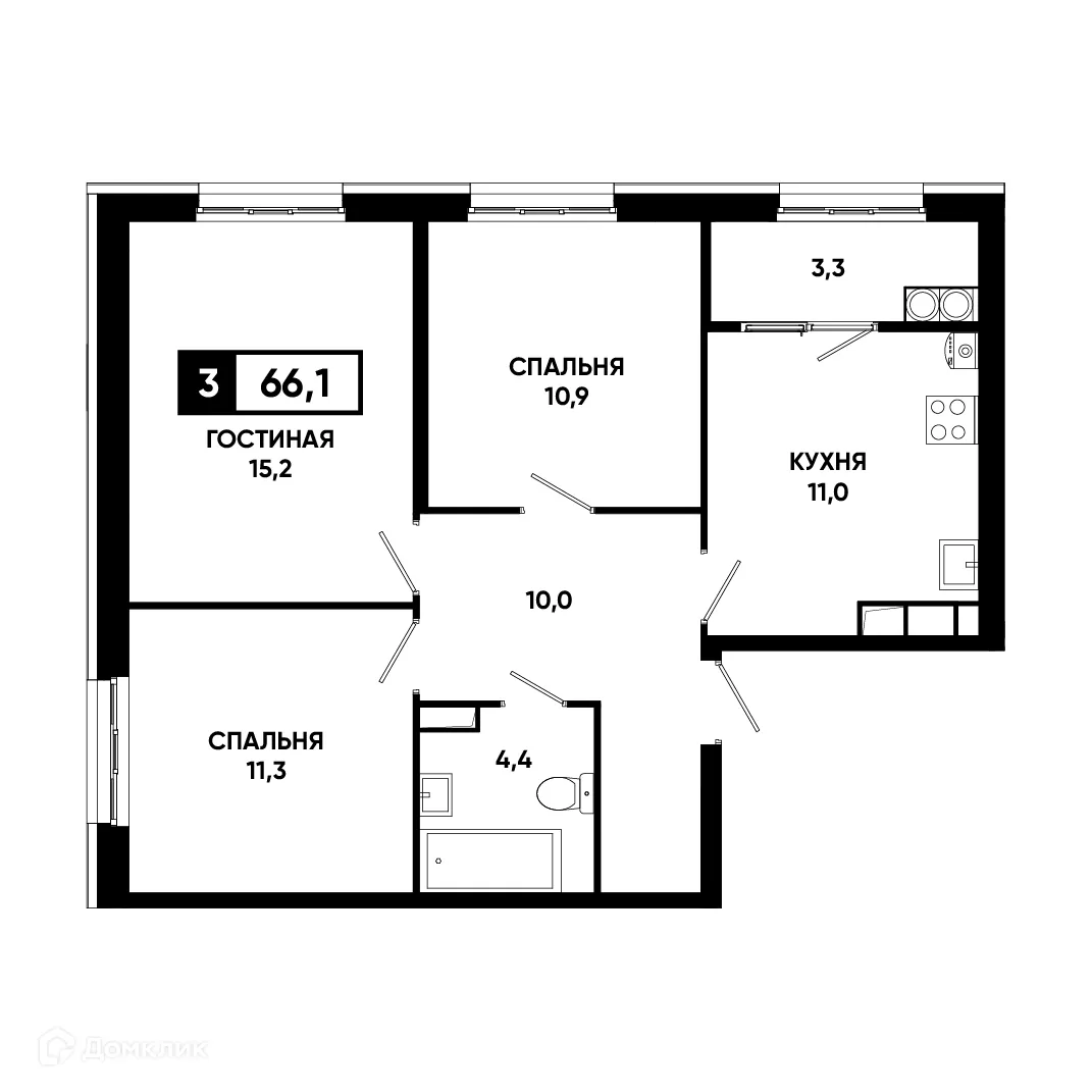 Планировка 3-комнатной квартиры 66.1 м² в ЖК Основа, г. Ставрополь — фото 1