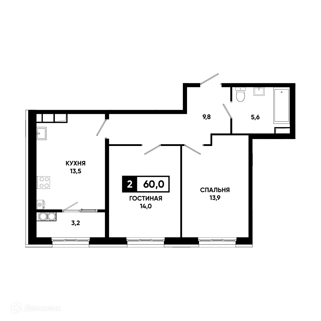 Планировка 2-комнатной квартиры 60 м² в ЖК Основа, г. Ставрополь — фото 1