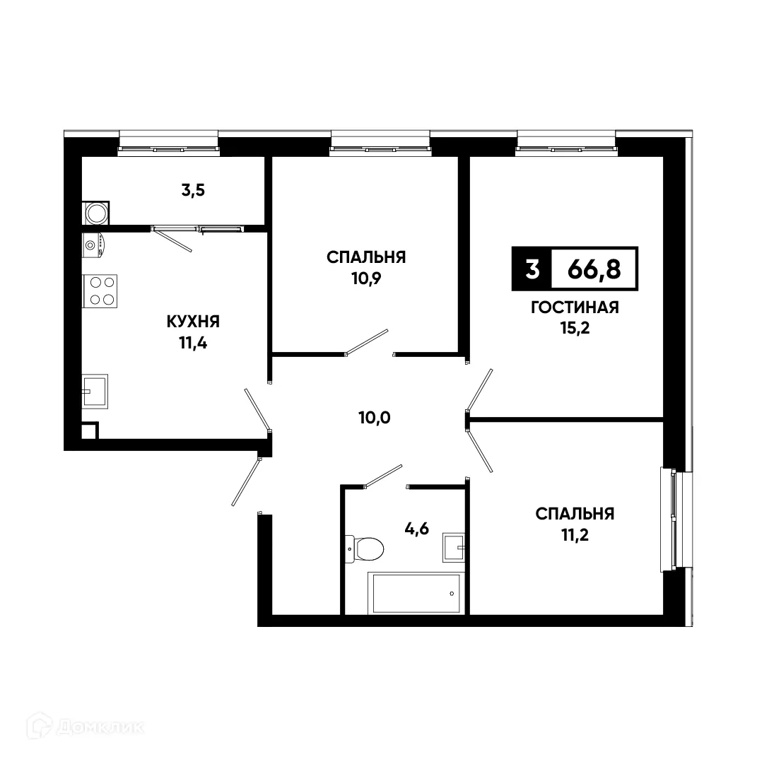Планировка 3-комнатной квартиры 66.8 м² в ЖК Основа, г. Ставрополь — фото 2