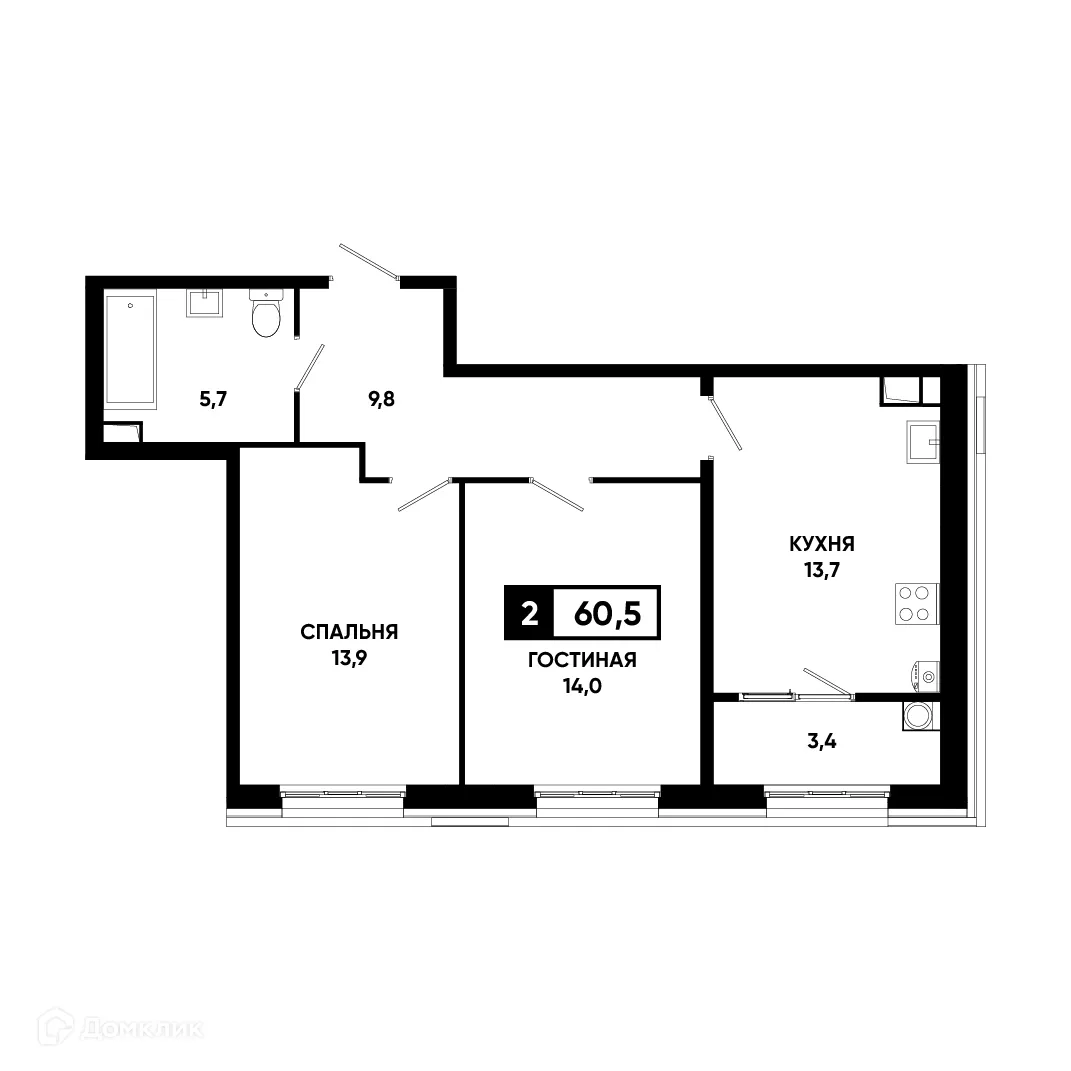Планировка 2-комнатной квартиры 60.5 м² в ЖК Основа, г. Ставрополь — фото 2