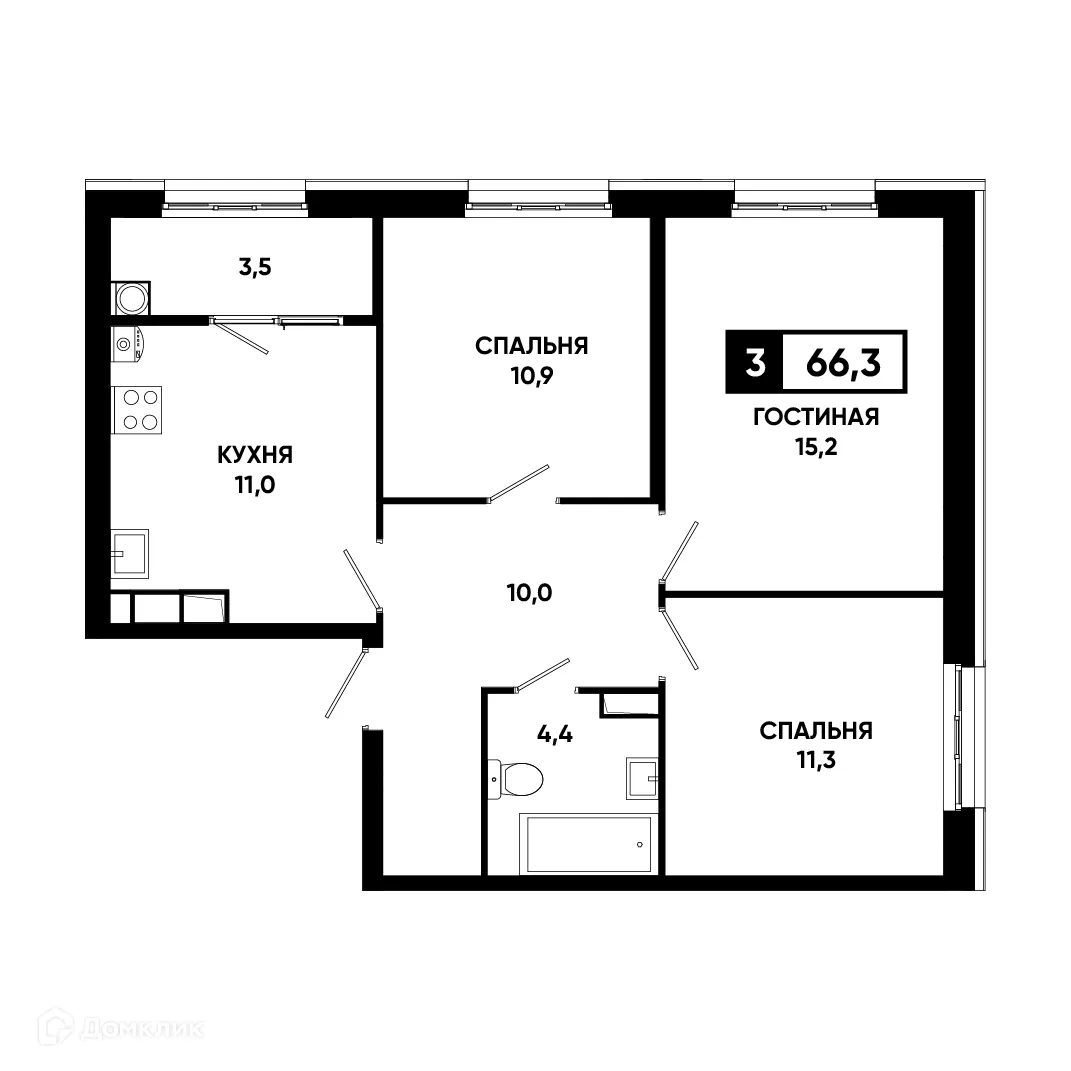 Планировка 3-комнатной квартиры 66.3 м² в ЖК Основа, г. Ставрополь — фото 1