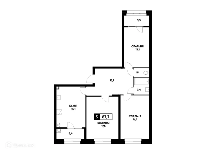 Планировка 3-комнатной квартиры 87.7 м² в ЖК Основа, г. Ставрополь — фото 1