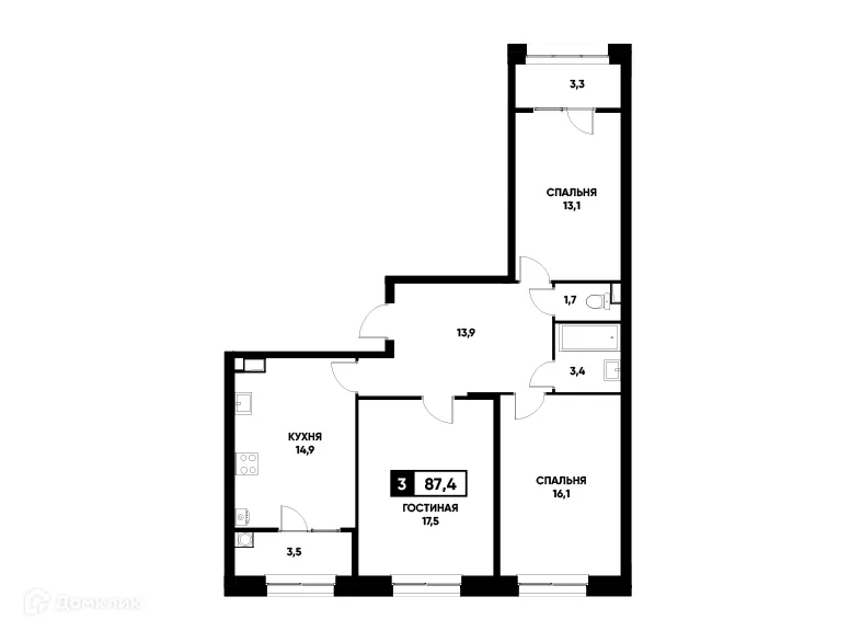 Планировка 3-комнатной квартиры 87.4 м² в ЖК Основа, г. Ставрополь — фото 1