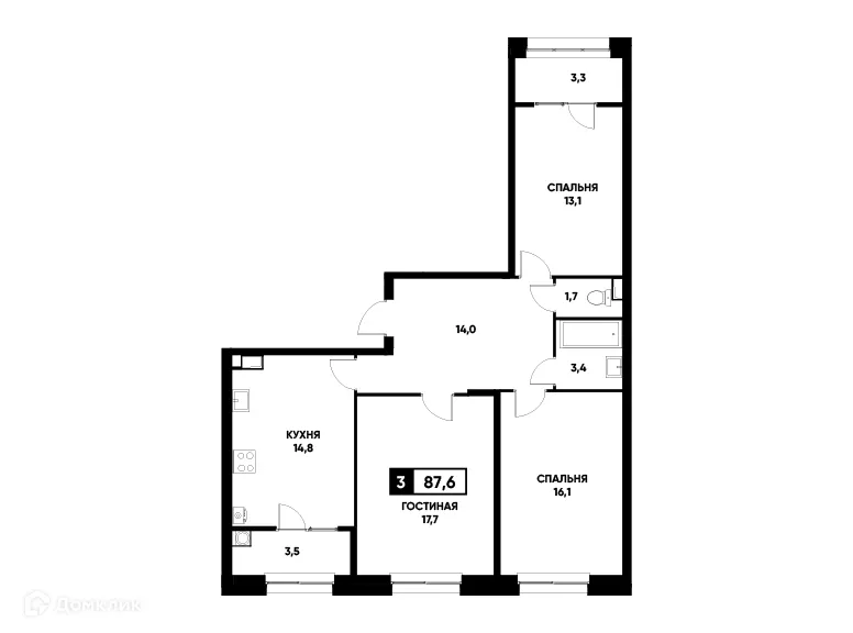 Планировка 3-комнатной квартиры 87.6 м² в ЖК Основа, г. Ставрополь — фото 1