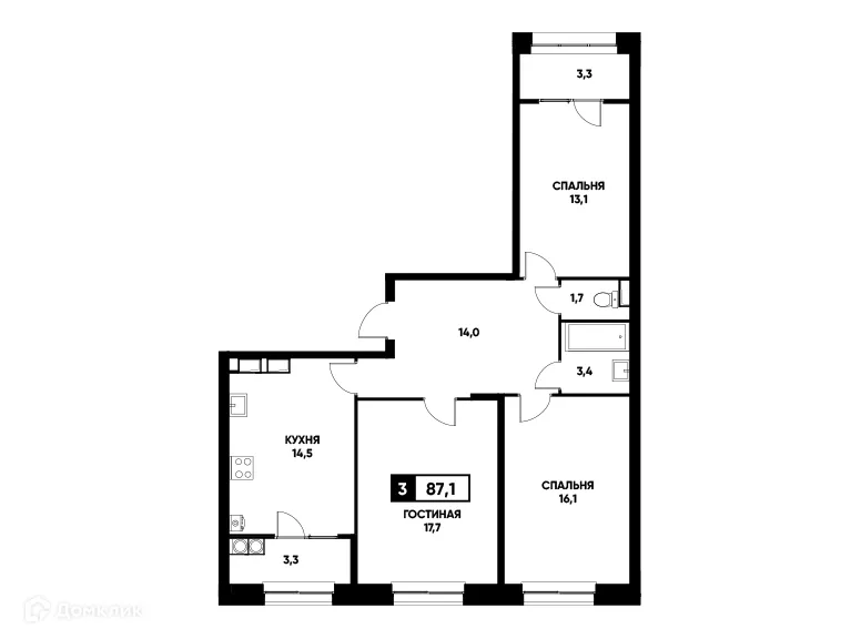 Планировка 3-комнатной квартиры 87.1 м² в ЖК Основа, г. Ставрополь — фото 1