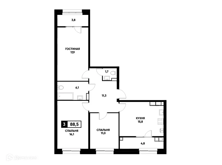 Планировка 3-комнатной квартиры 88.5 м² в ЖК Основа, г. Ставрополь — фото 1