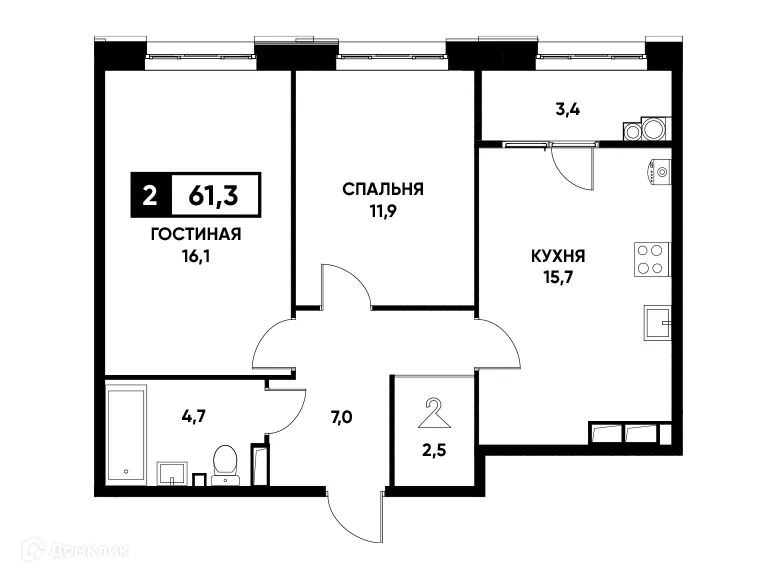 Планировка 2-комнатной квартиры 61.3 м² в ЖК Основа, г. Ставрополь — фото 1