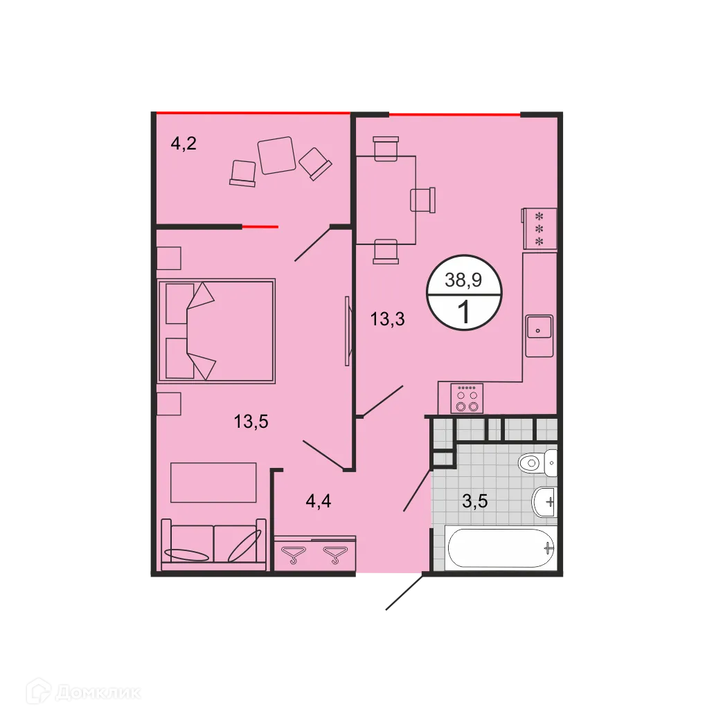 Планировка 1-комнатной квартиры 38.54 м² в ЖК Квартал 204, г. Ставрополь — фото 2
