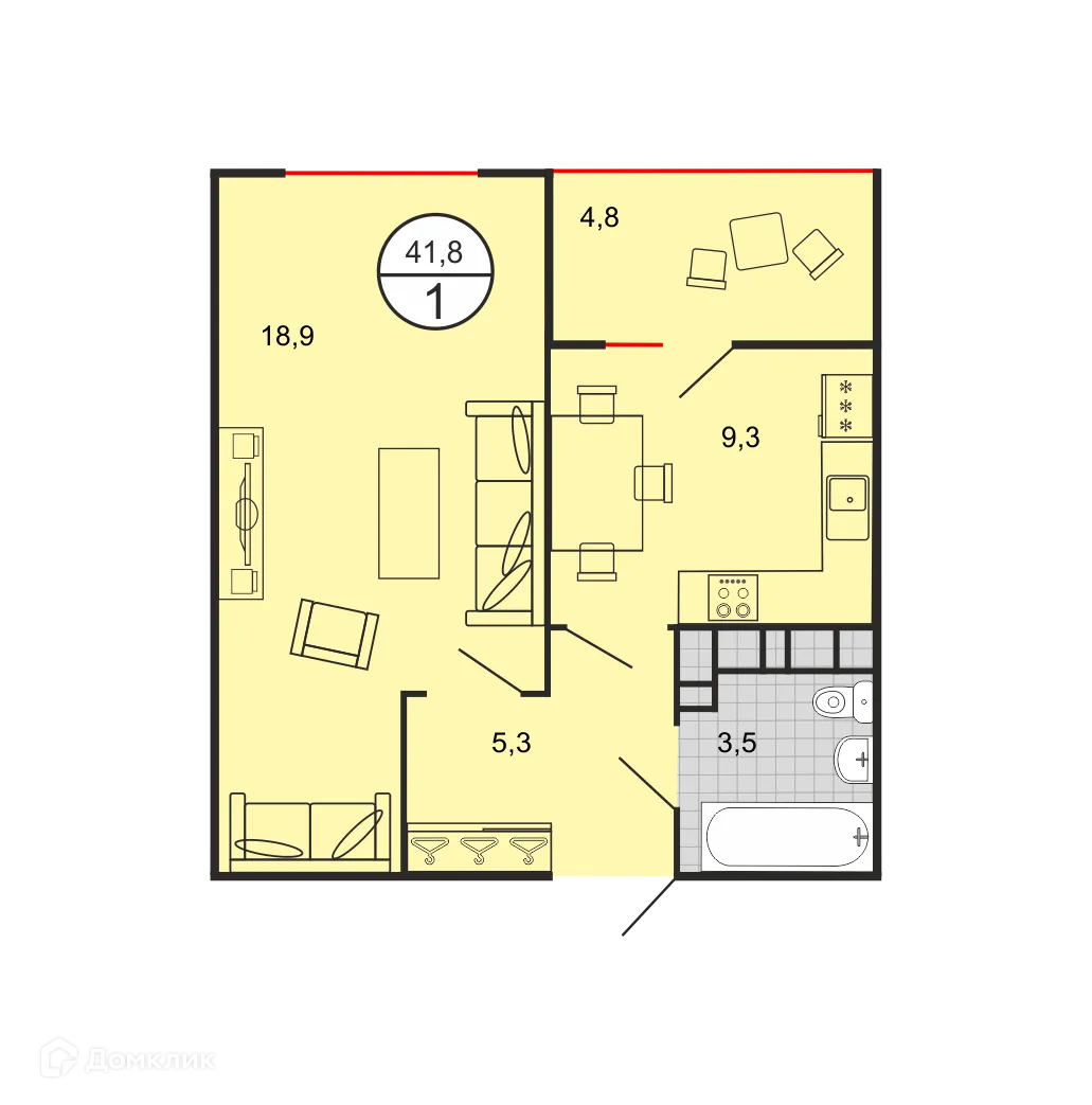 Планировка 1-комнатной квартиры 41.33 м² в ЖК Квартал 204, г. Ставрополь — фото 1