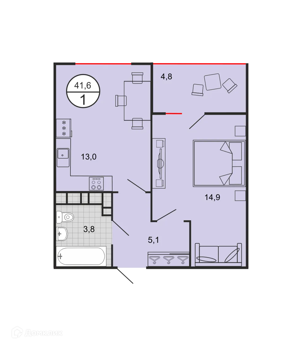 Планировка 1-комнатной квартиры 41.14 м² в ЖК Квартал 204, г. Ставрополь — фото 1