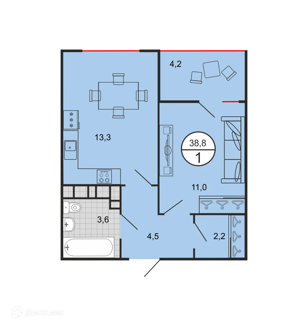 Планировка 1-комнатной квартиры 38.63 м² в ЖК Квартал 204, г. Ставрополь — фото 2