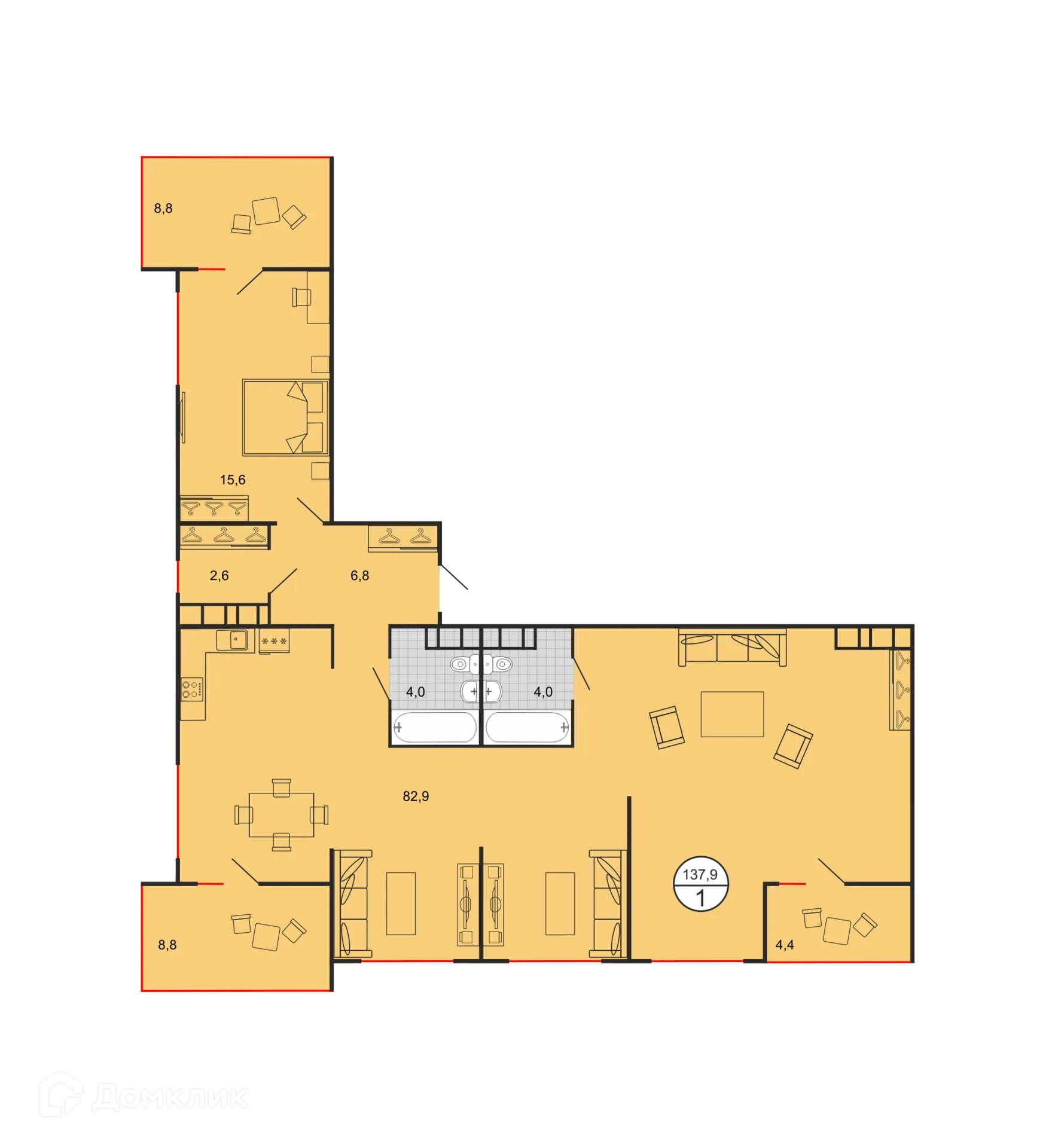 Планировка 1-комнатной квартиры 136.77 м² в ЖК Квартал 204, г. Ставрополь — фото 2