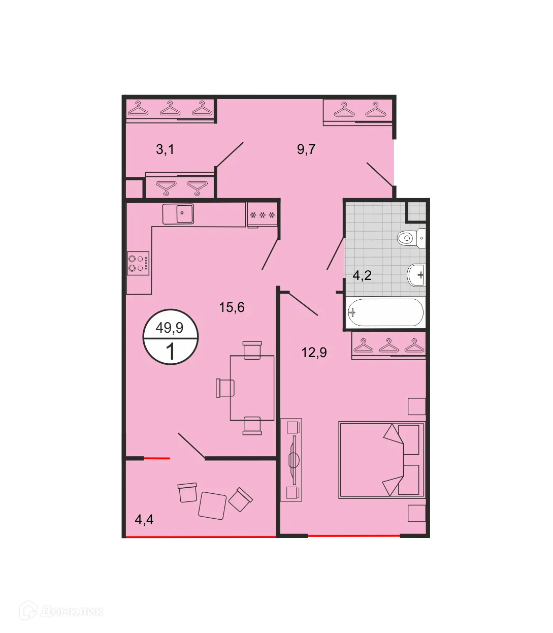 Планировка 1-комнатной квартиры 51.86 м² в ЖК Квартал 204, г. Ставрополь — фото 2